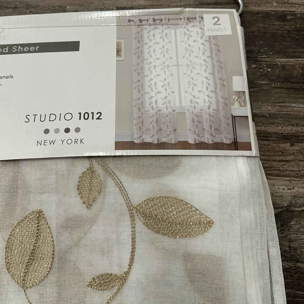 Studio 1012 Embroidered Sheer White Metallic Gold Leaf Curtains 76”x84”
